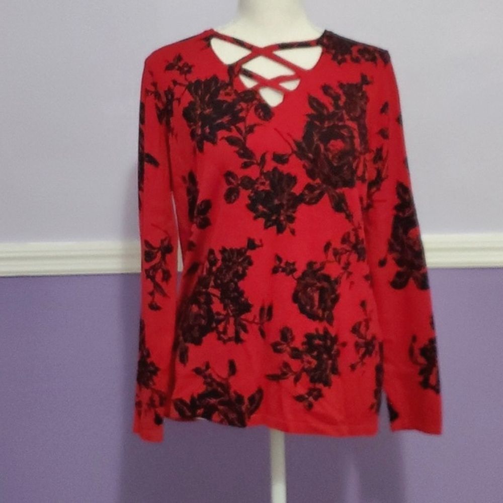 Roz & Ali Red & Black Floral Long Sleeve Fitted Lightweight Soft Knit Top XL